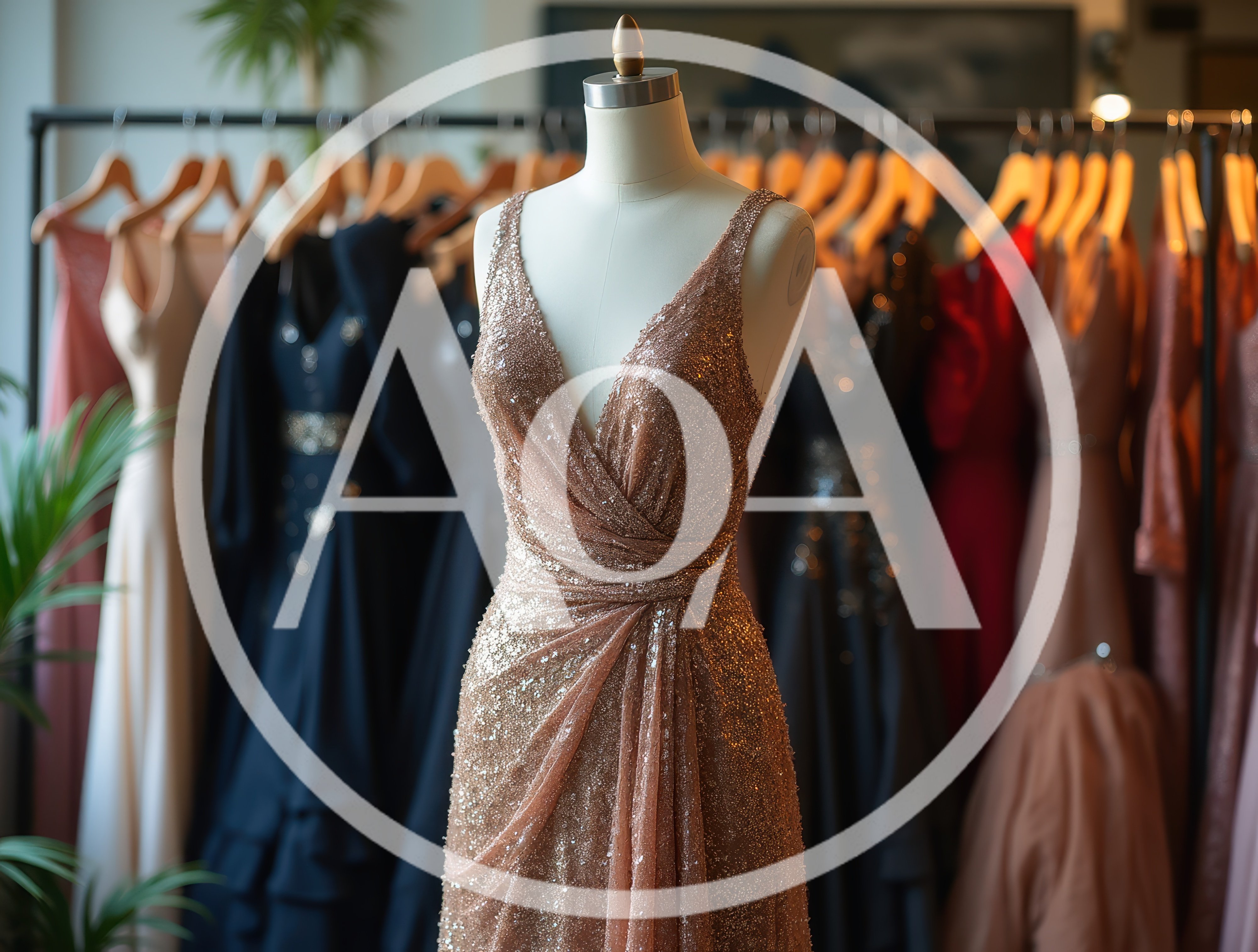 Rose Gold Sequin Evening Gown On Mannequin