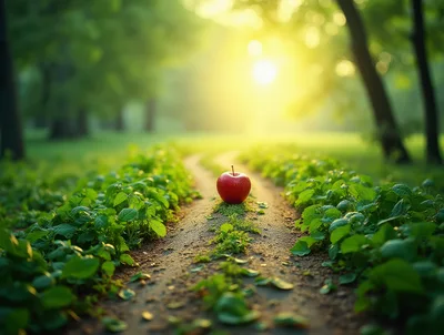 Single Red Apple Resting On A Forest Path