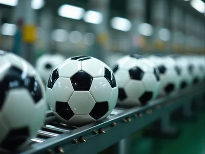Soccer Balls Moving Along A Factory Conveyor Belt