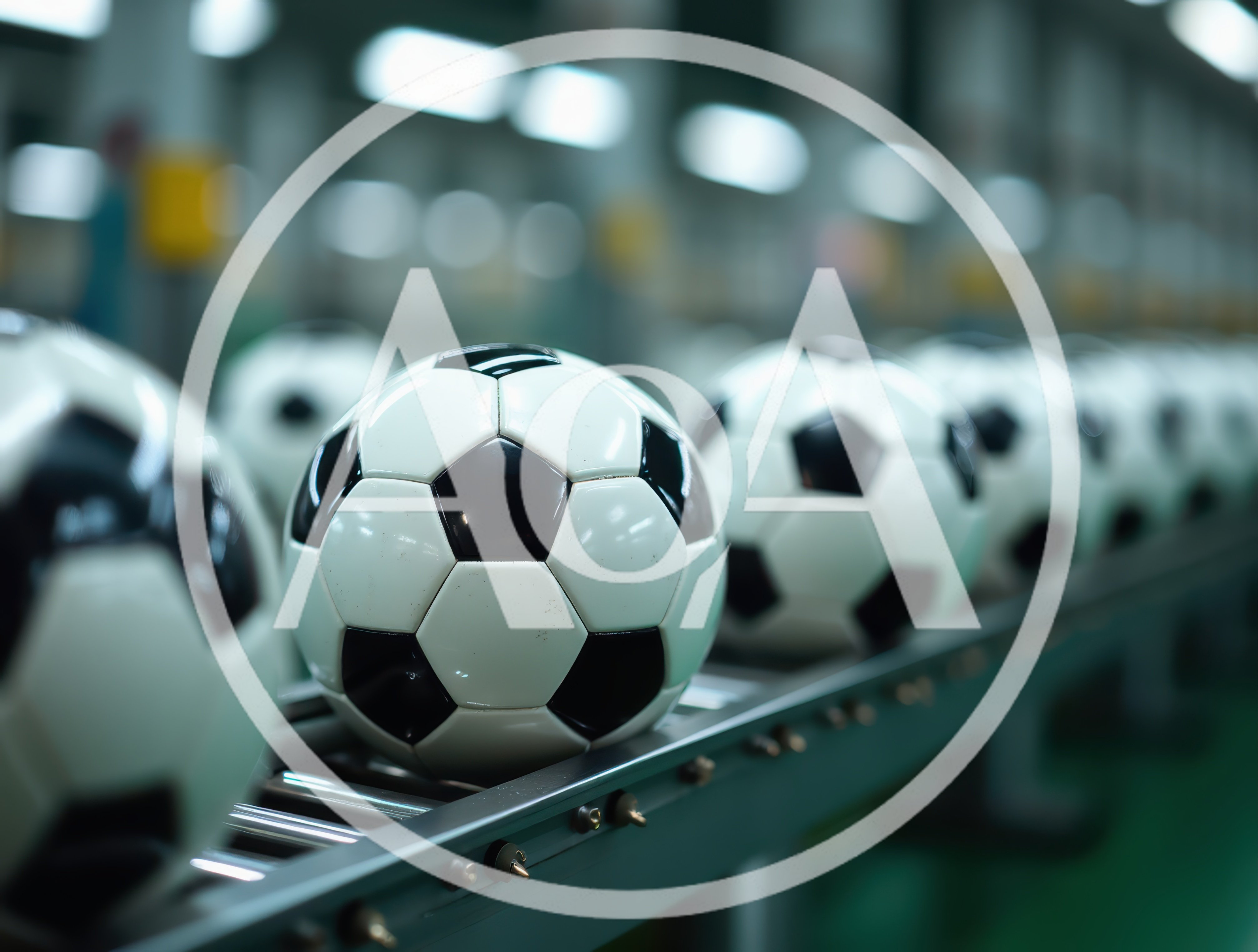 Soccer Balls Moving Along A Factory Conveyor Belt