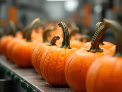 Fresh Orange Pumpkins Moving Along Industrial Conveyor Belt