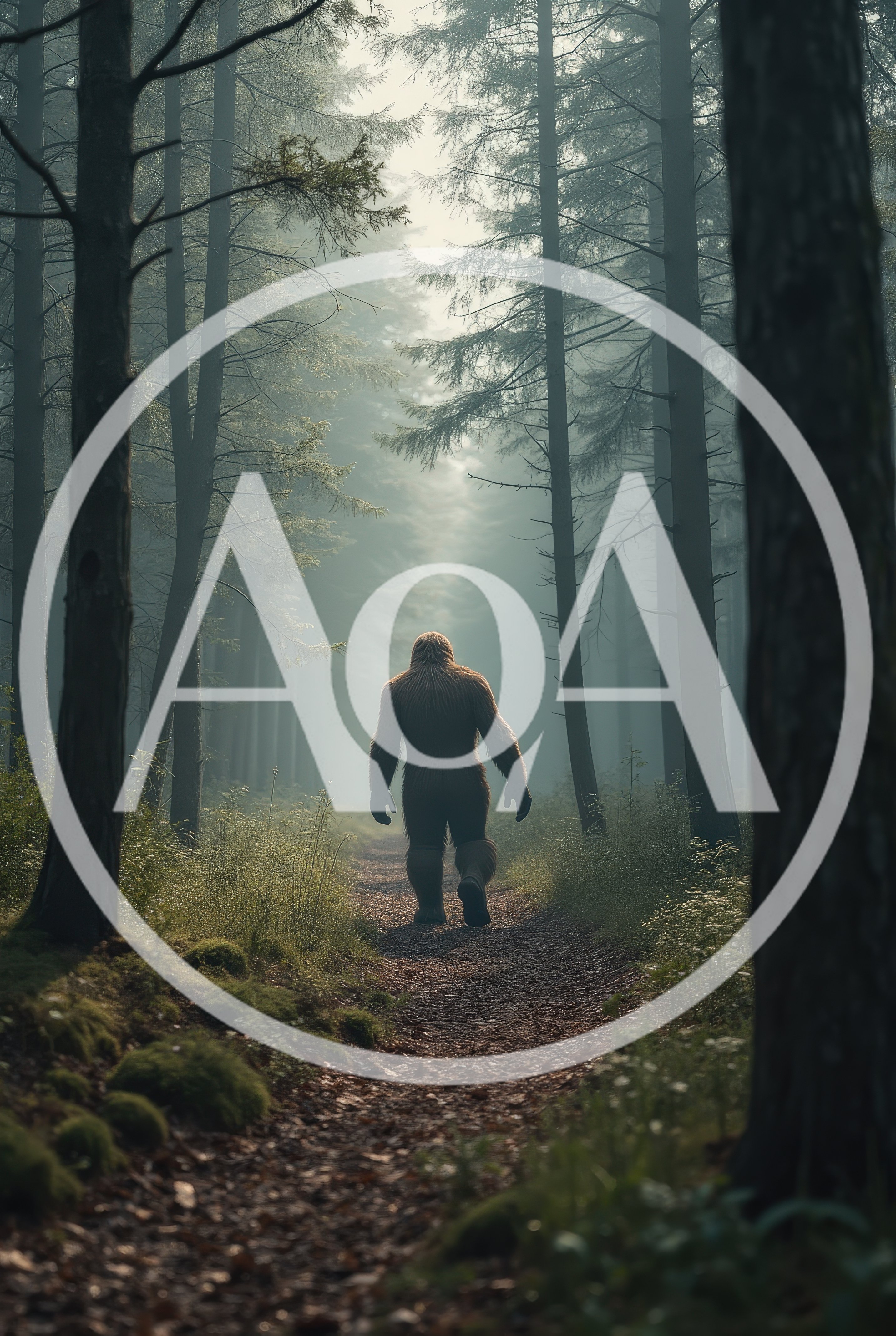 Bigfoot Walking Through A Misty Forest Path