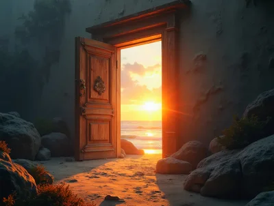 Open Wooden Door Revealing A Golden Sunset Beach