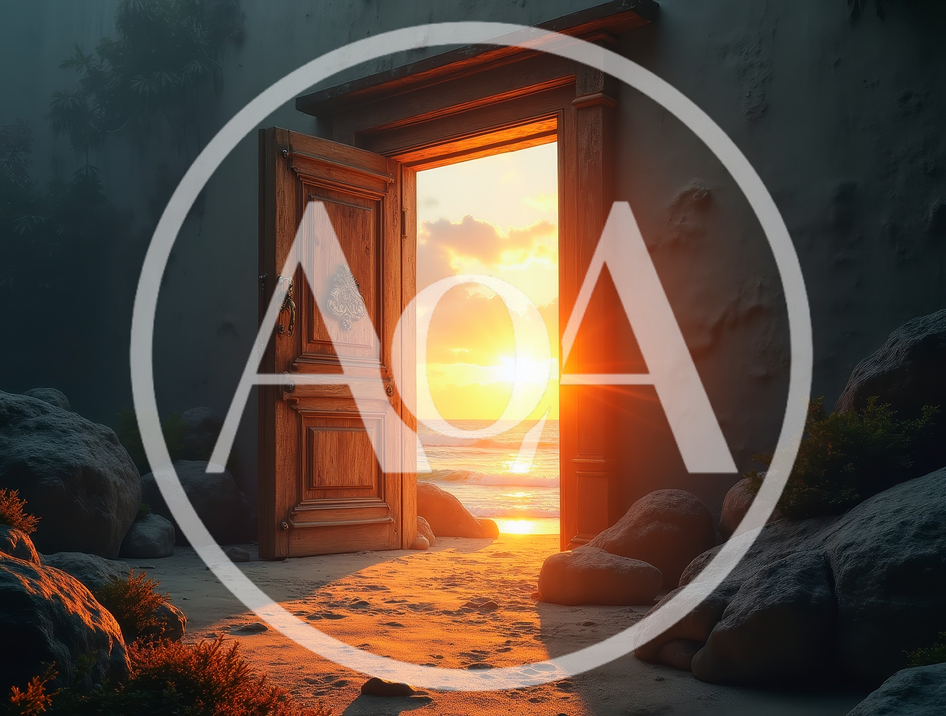 Open Wooden Door Revealing A Golden Sunset Beach