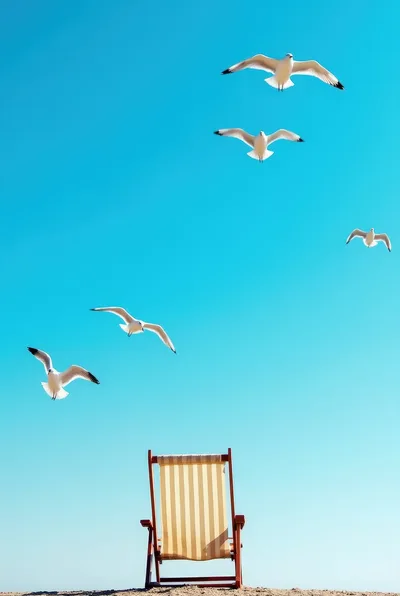 Seagulls Flying Over A Beach Deck Chair