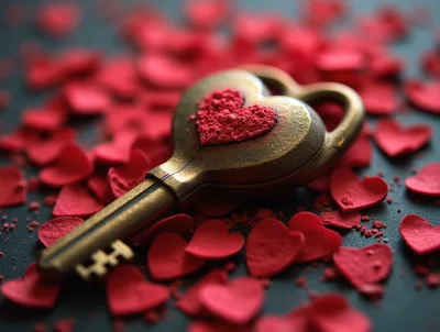 Vintage Heart Shaped Key Surrounded By Red Confetti