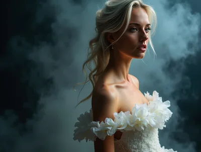 Elegant Blonde Bride In Floral Wedding Dress