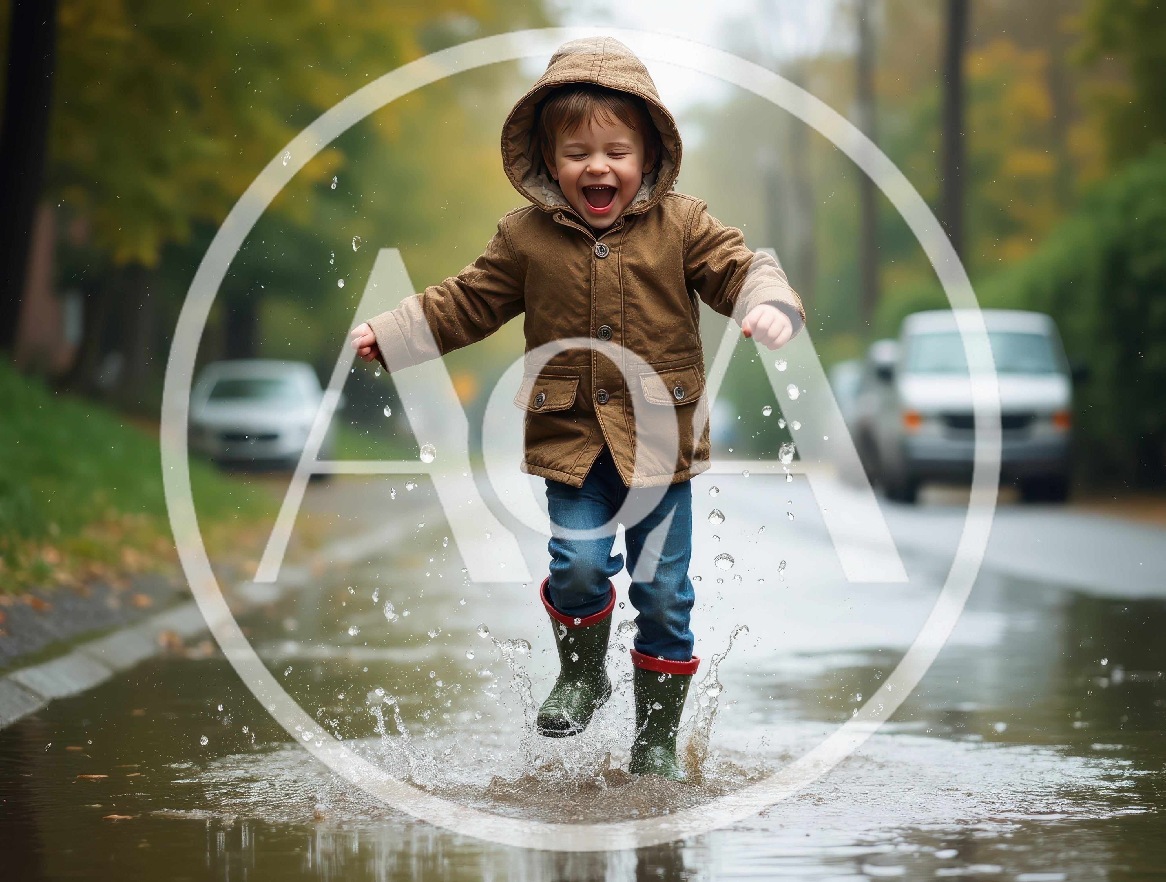 Happy Toddler Boy Jumping In A Rain Puddle