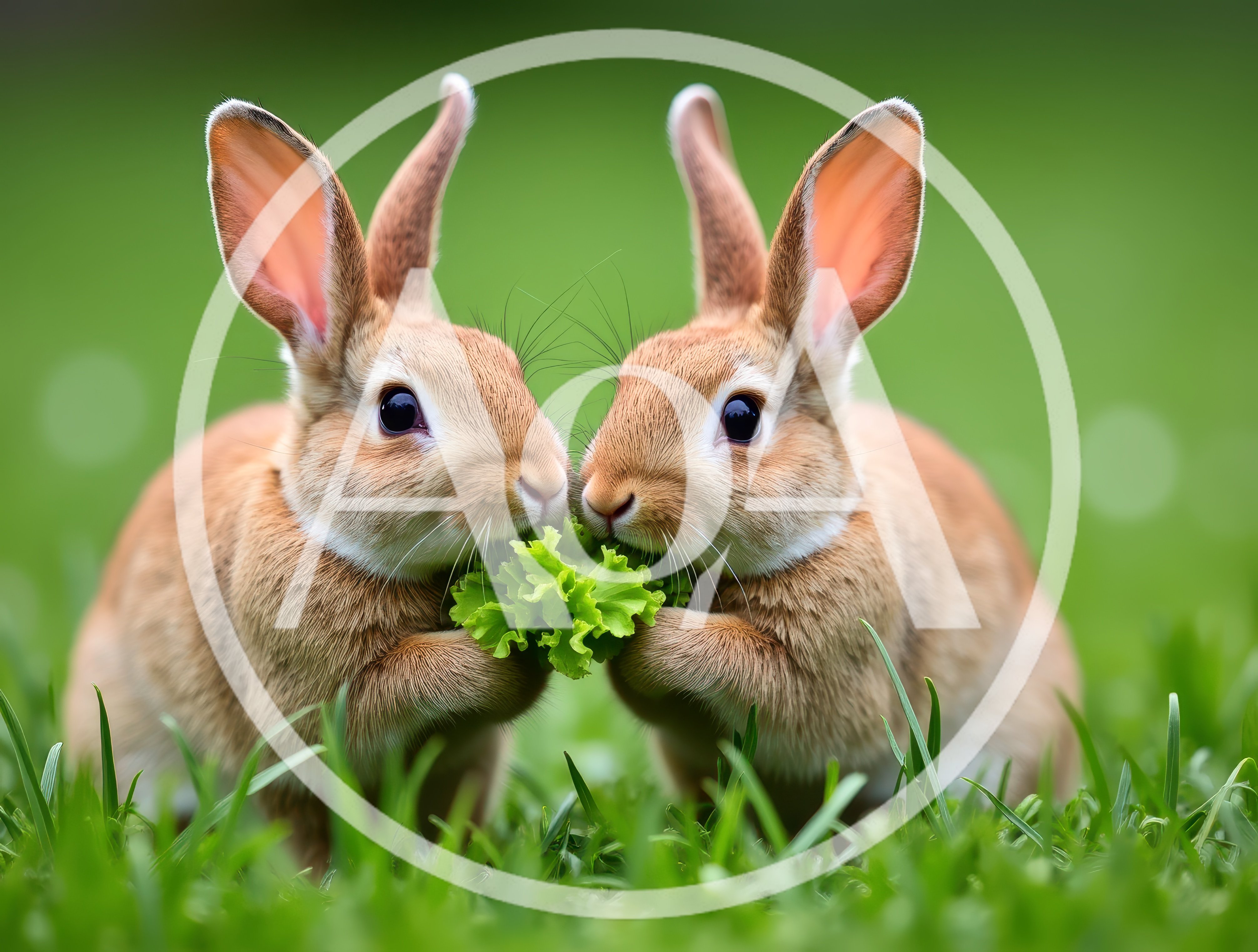Two Cute Brown Rabbits Eating Fresh Lettuce