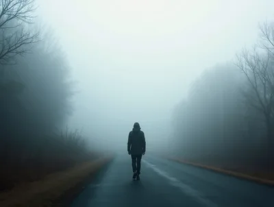 Lone Person Walking Down A Foggy Country Road