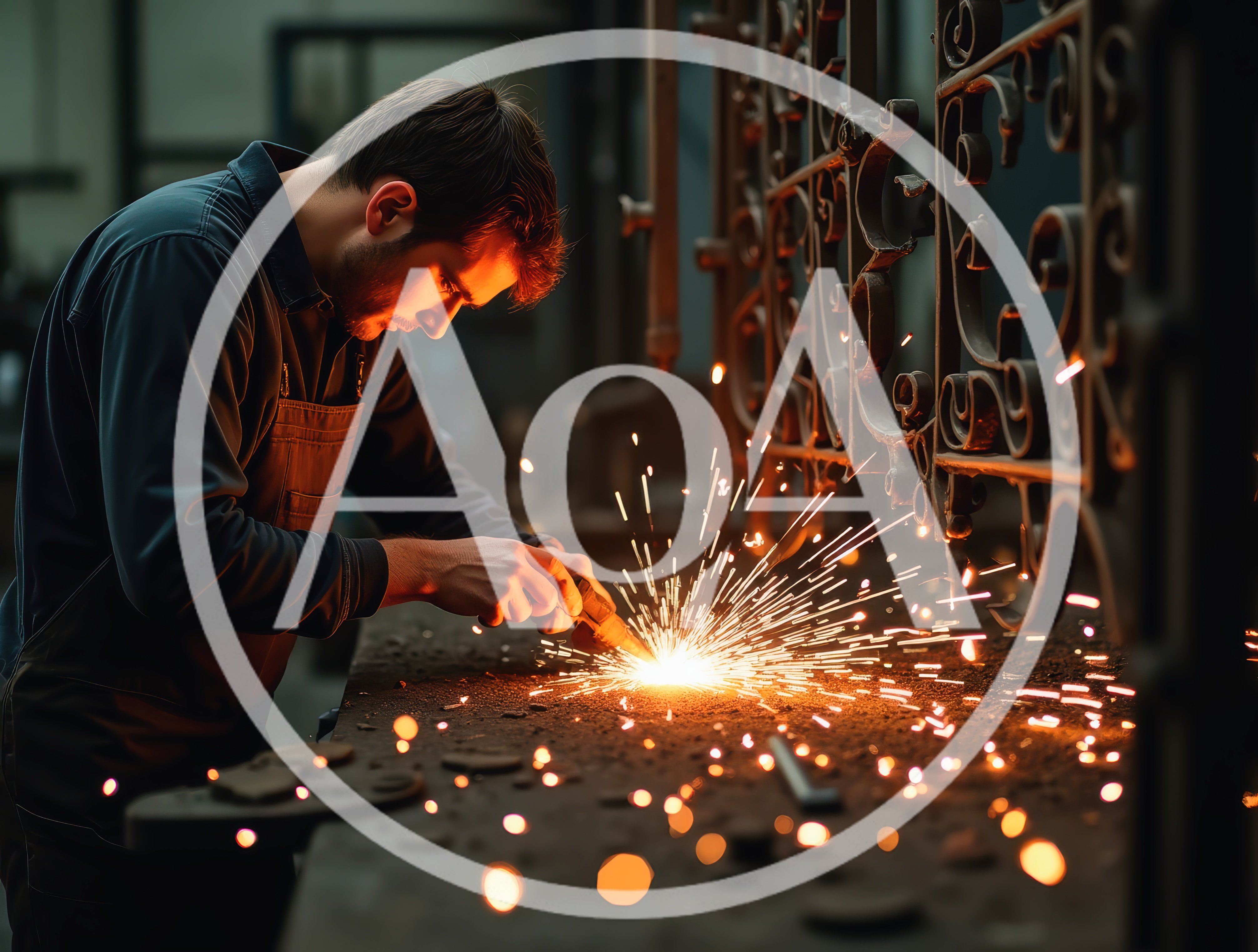 Metalworker Grinding Decorative Ironwork In A Workshop