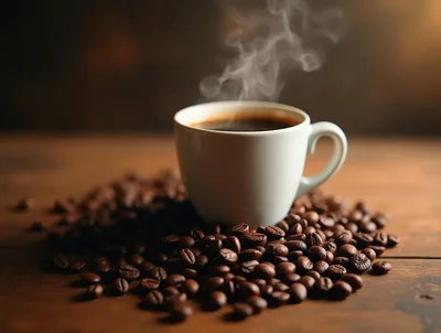 Steaming Cup Of Fresh Coffee With Roasted Beans
