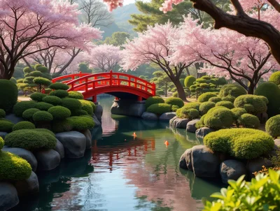 Red Japanese Bridge Over A Serene Garden Pond