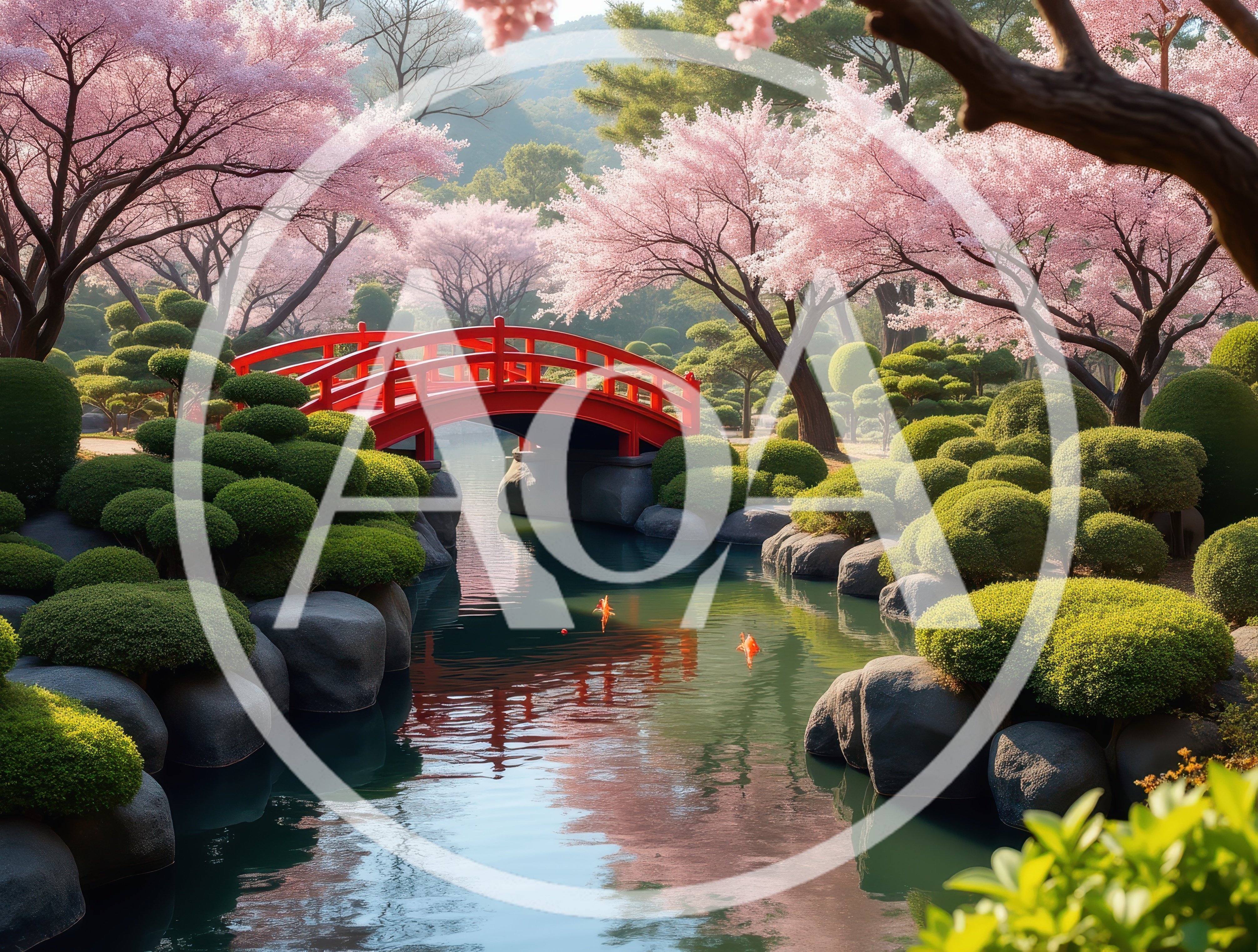 Red Japanese Bridge Over A Serene Garden Pond