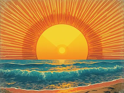 Stylized Retro Sunset Over Ocean Waves