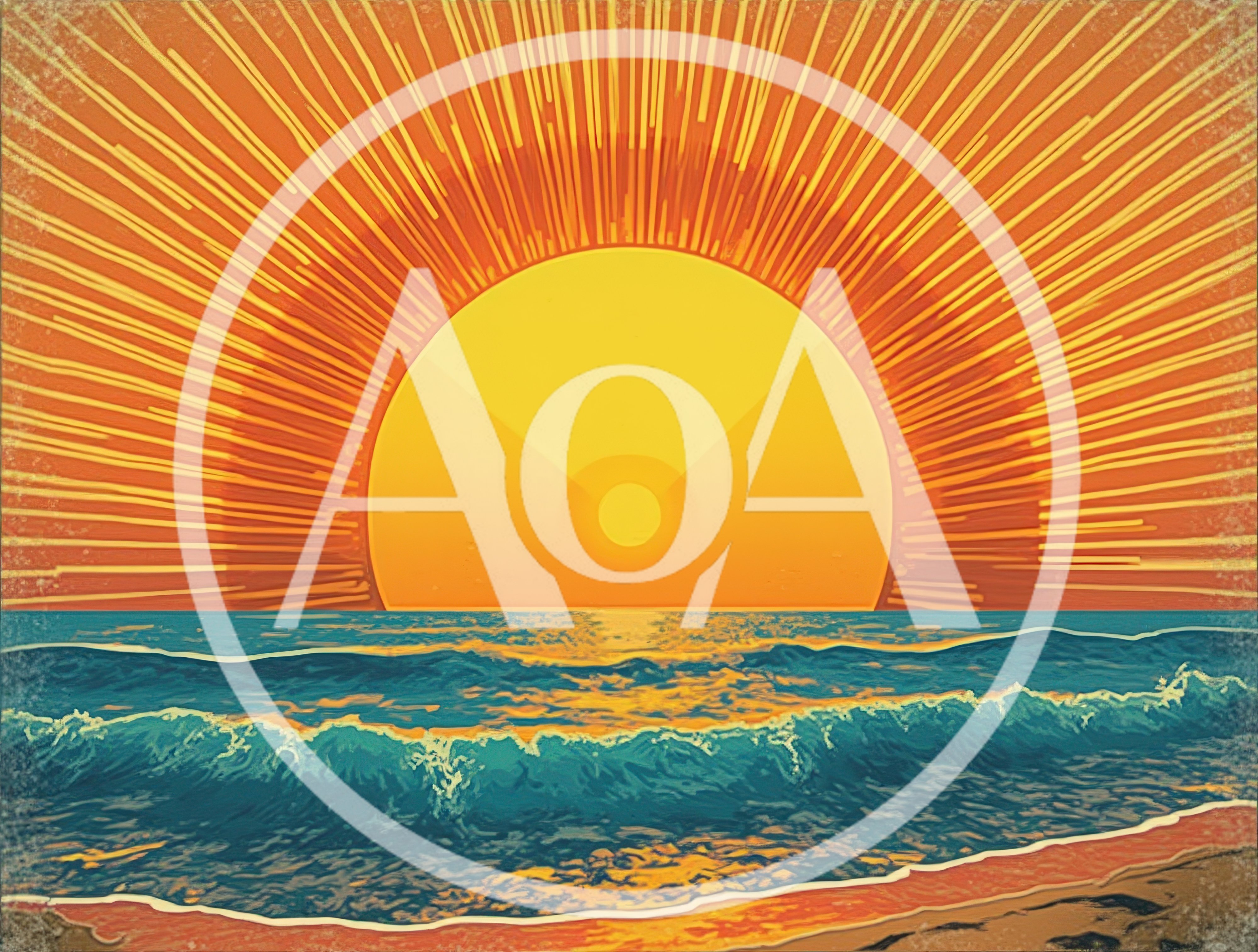 Stylized Retro Sunset Over Ocean Waves
