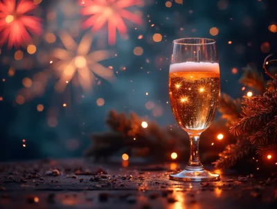 Champagne Glass Celebrating New Year With Fireworks