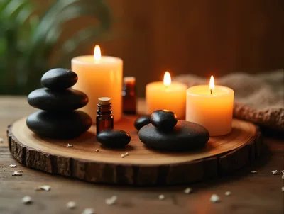Spa Relaxation Setting With Candles And Stones