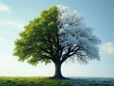 Split Season Tree With Green Leaves And Snow