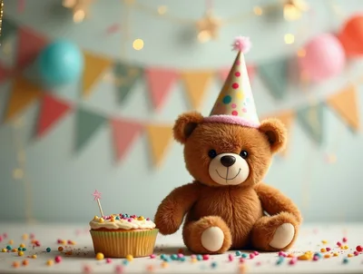 Teddy Bear Wearing Party Hat With Birthday Cupcake