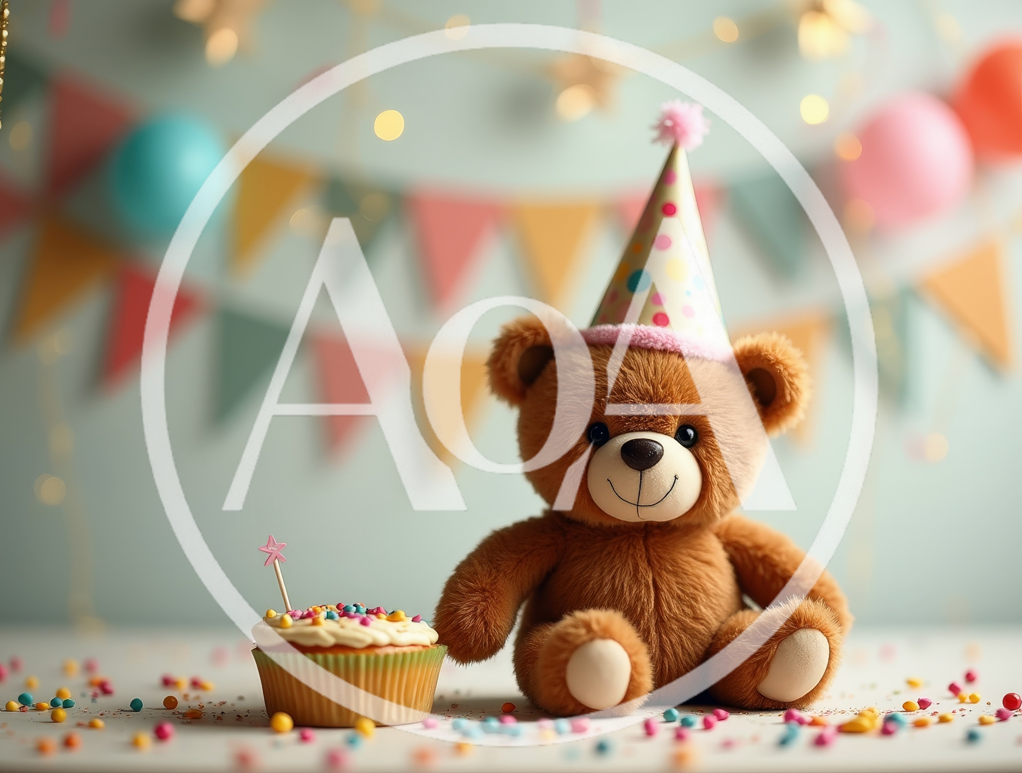 Teddy Bear Wearing Party Hat With Birthday Cupcake