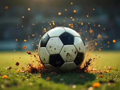 Soccer Ball Impacting Turf With Flying Dirt Particles