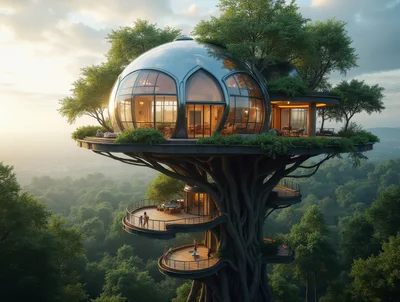 Futuristic Glass Treehouse Mansion In Lush Forest
