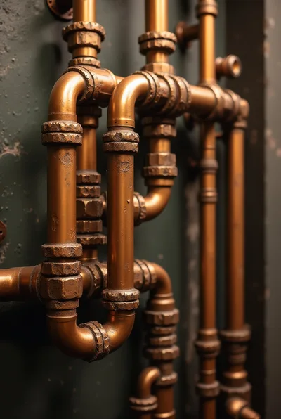 Industrial Copper Piping System Against Dark Wall