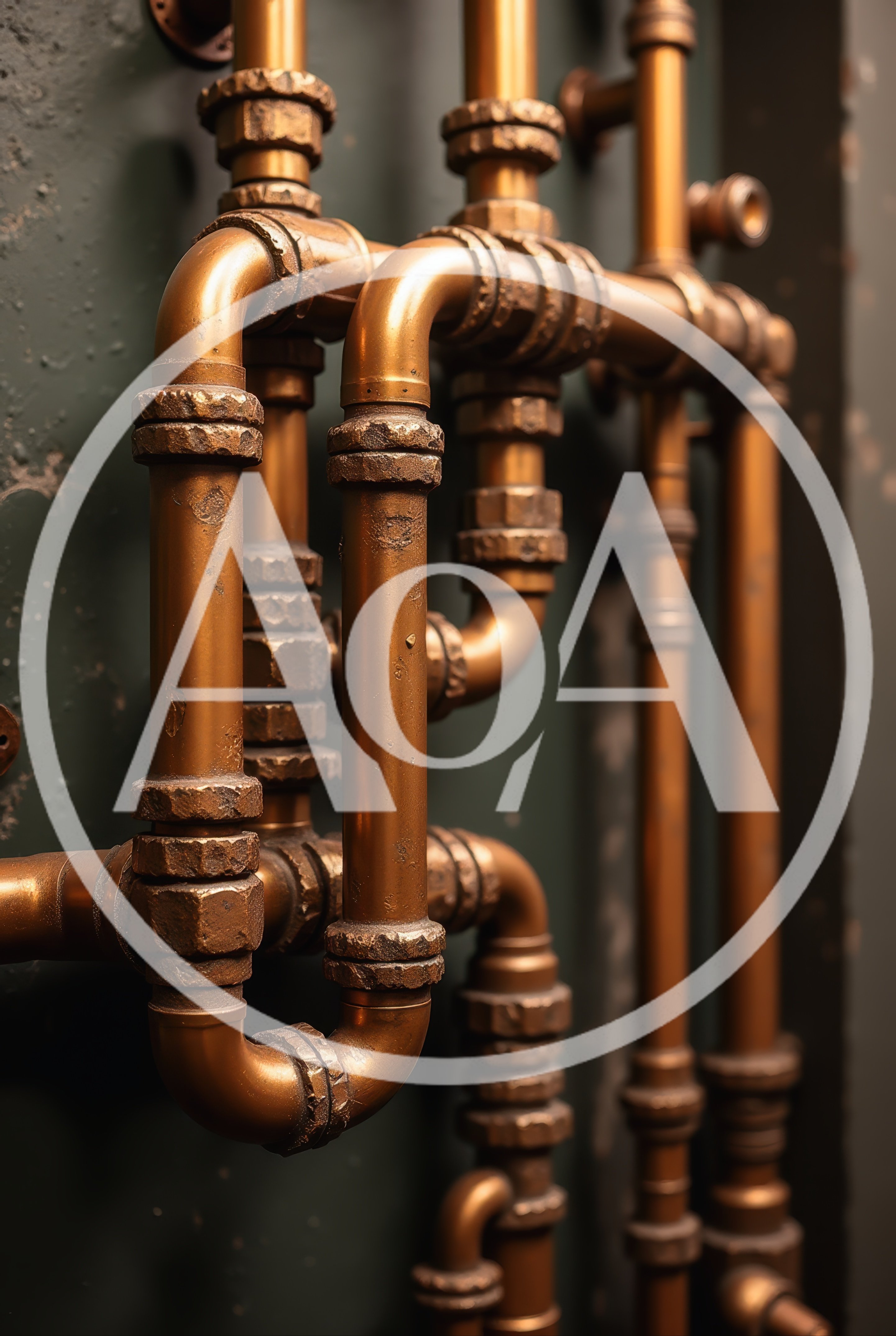 Industrial Copper Piping System Against Dark Wall