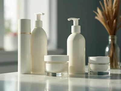 Luxury Skincare Product Bottles On Marble Countertop