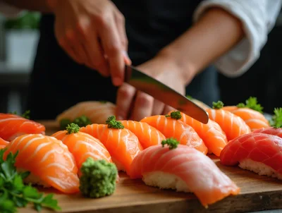 Professional Sushi Chef Preparing Fresh Salmon Nigiri