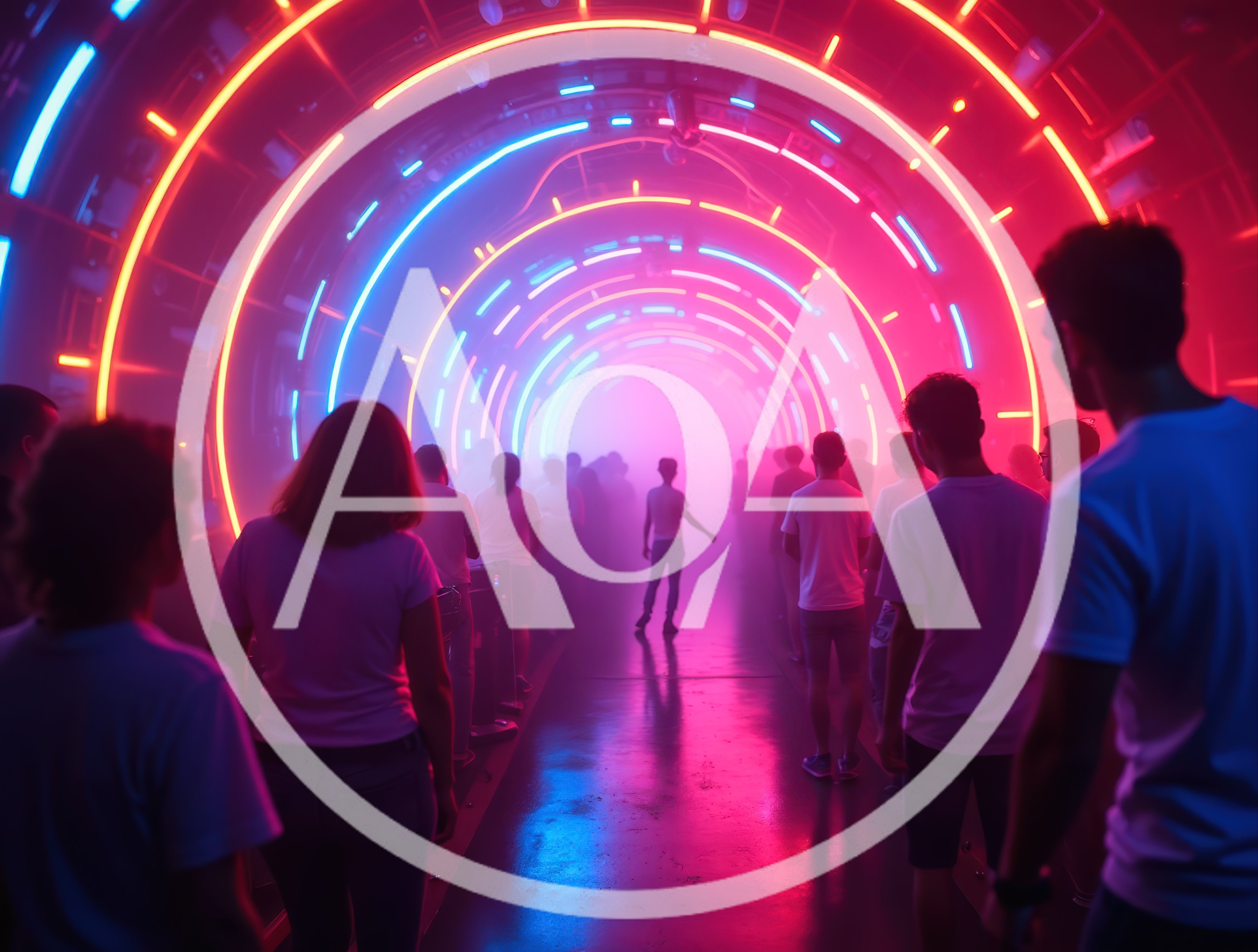 Crowd Walking Through Futuristic Neon Light Tunnel