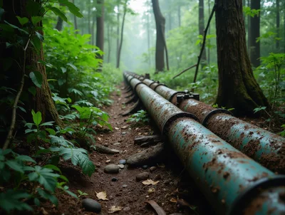 Two Parallel Industrial Pipes Running Through A Misty Forest