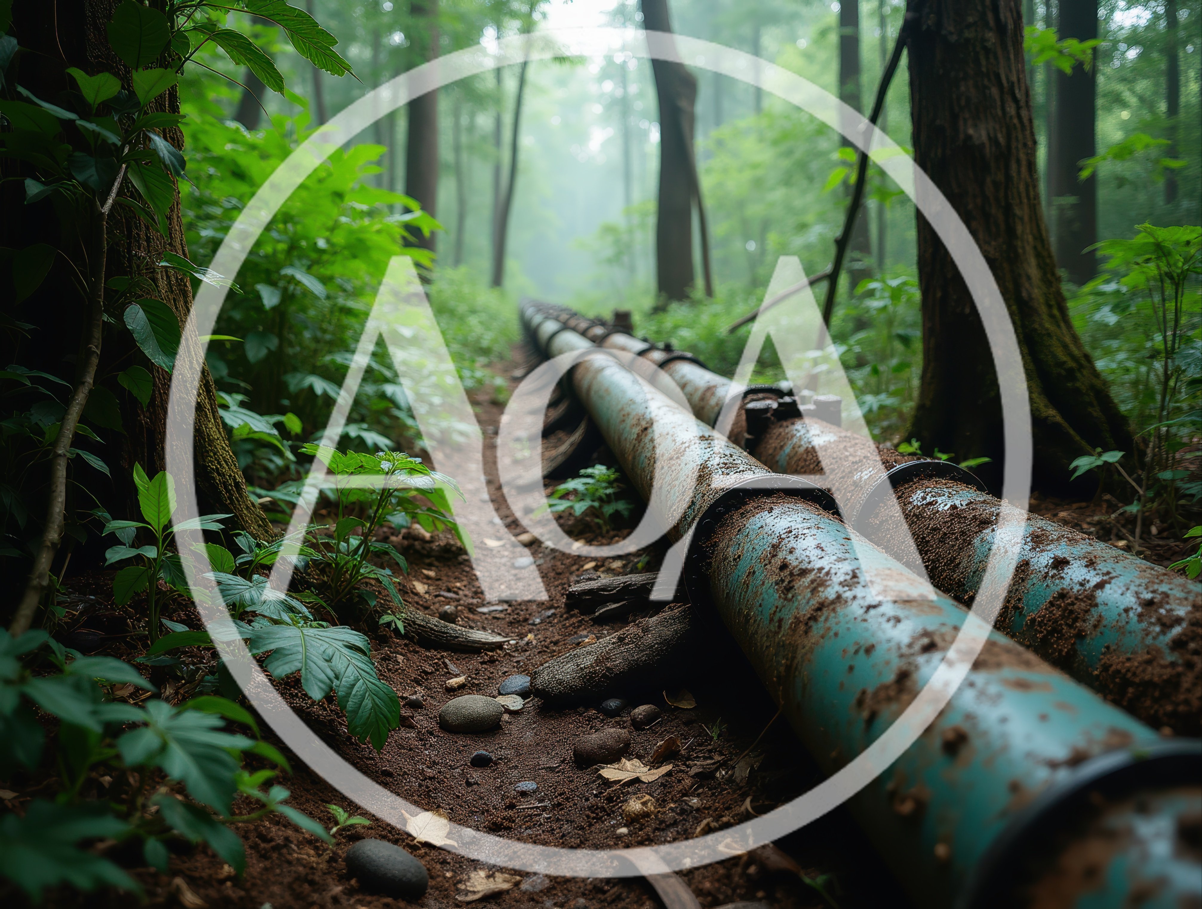 Two Parallel Industrial Pipes Running Through A Misty Forest