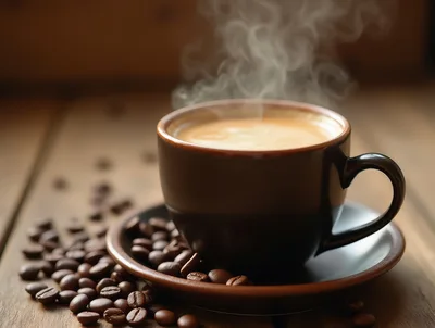 Steaming Cup Of Fresh Coffee With Roasted Beans