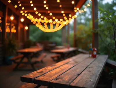 Empty Wooden Picnic Tables On A String Lit Patio