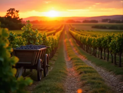 Wooden Cart Filled With Harvested Grapes In Vineyard