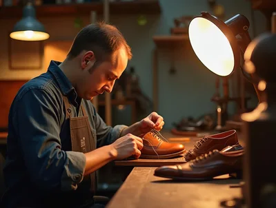 Professional Shoemaker Hand Stitching Leather Shoe in Workshop