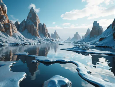 Snowy Mountain Peaks Reflecting In A Frozen Lake