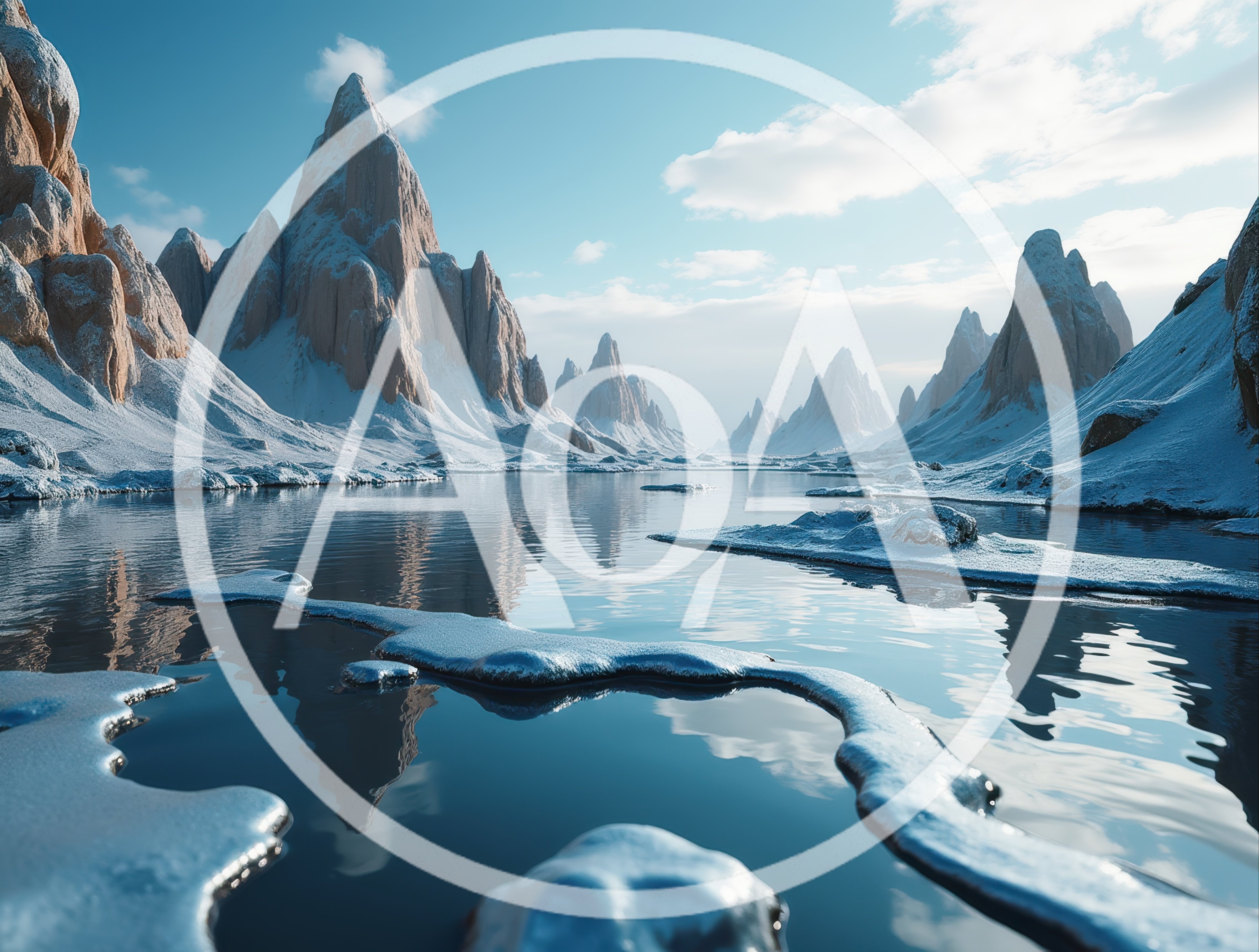 Snowy Mountain Peaks Reflecting In A Frozen Lake