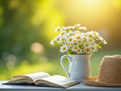 Open Book And Daisy Bouquet On A Sunny Table