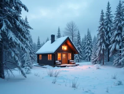 Cozy Log Cabin In Snowy Winter Forest