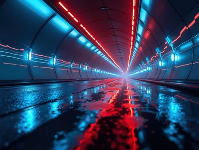 Futuristic Neon Tunnel With Wet Reflective Floor