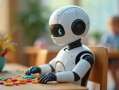 Small White Robot Playing With Colorful Plastic Toys