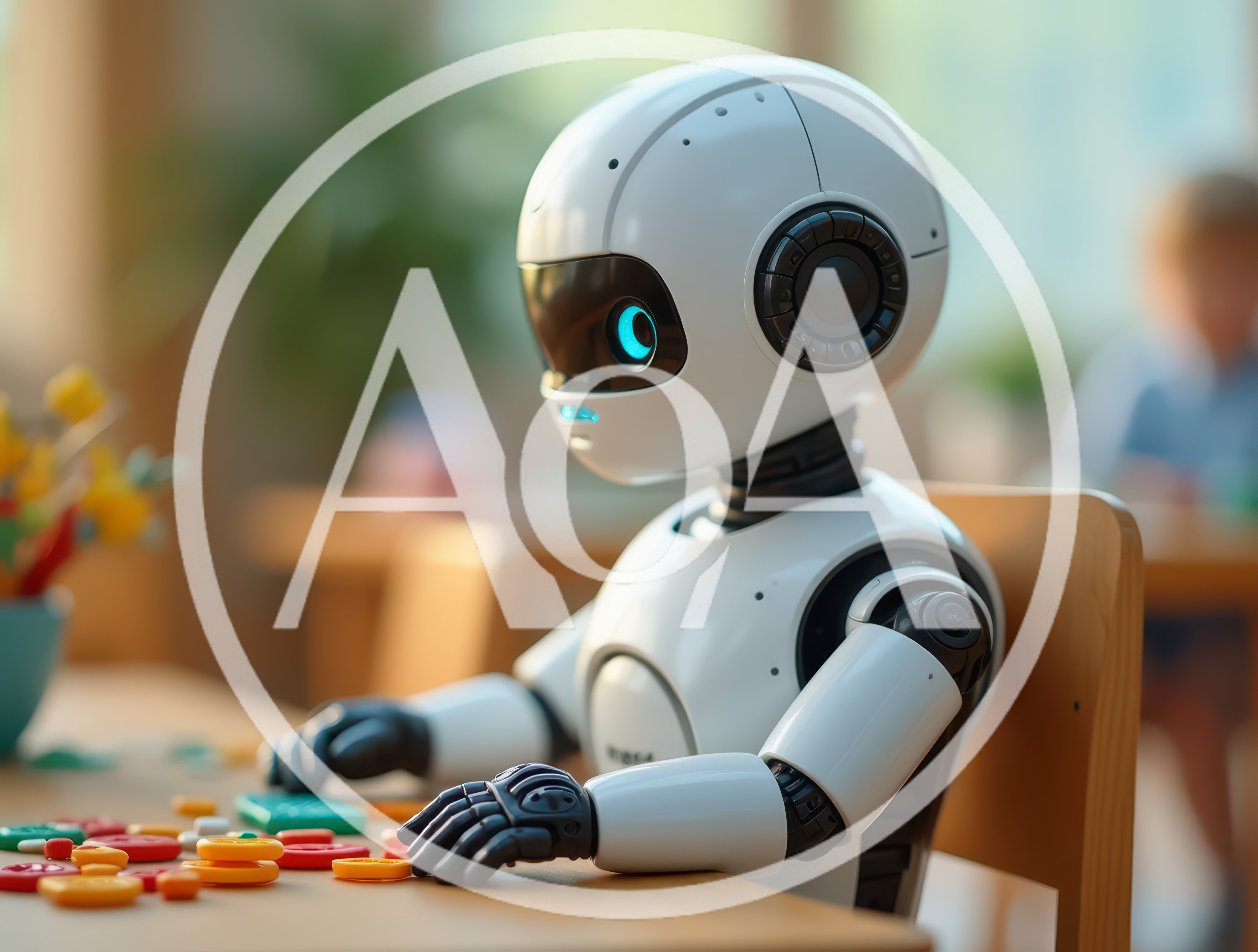 Small White Robot Playing With Colorful Plastic Toys