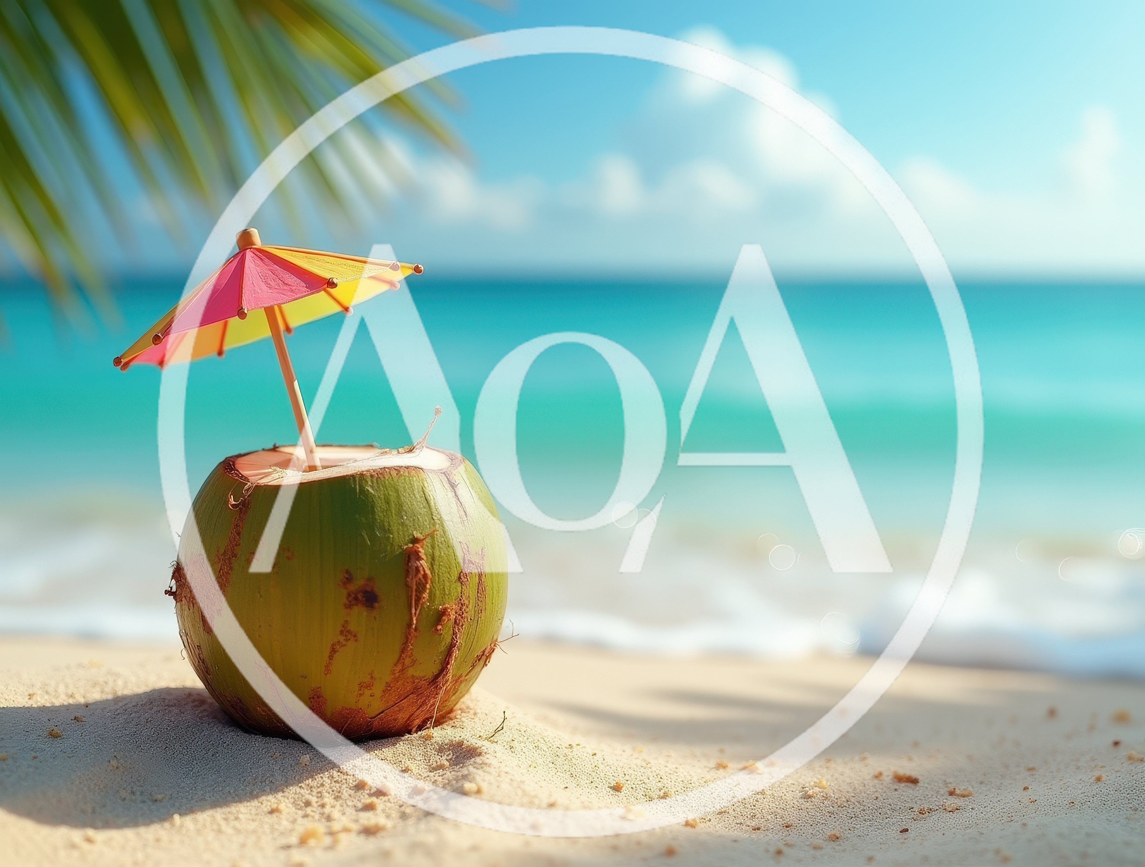 Fresh Coconut Drink With Umbrella On Tropical Beach