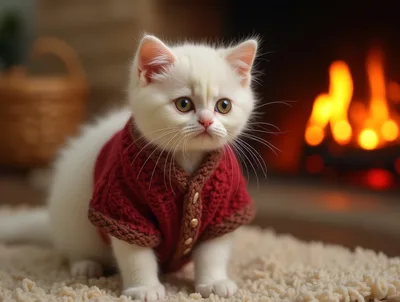 Adorable White Kitten Wearing A Red Knitted Sweater
