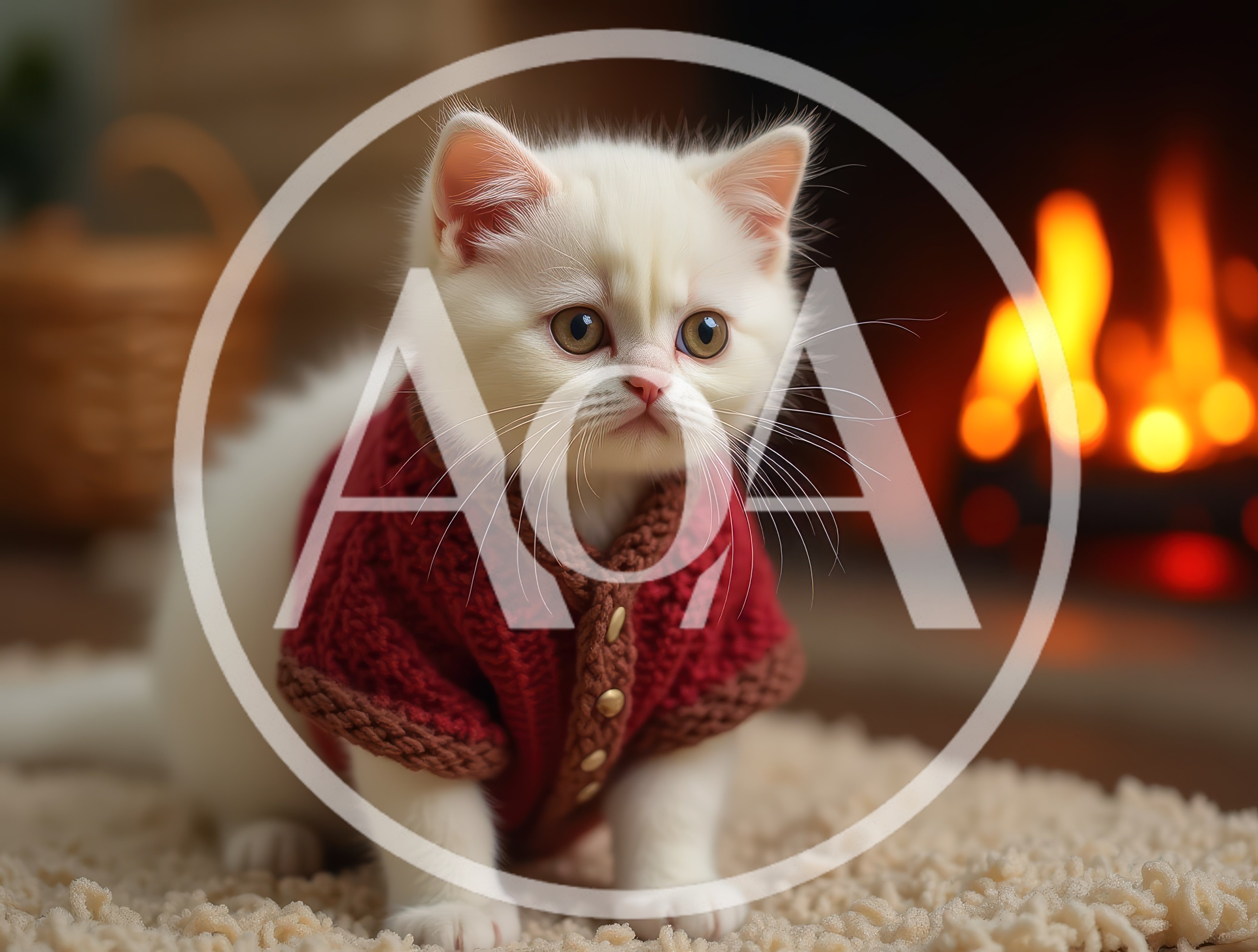 Adorable White Kitten Wearing A Red Knitted Sweater