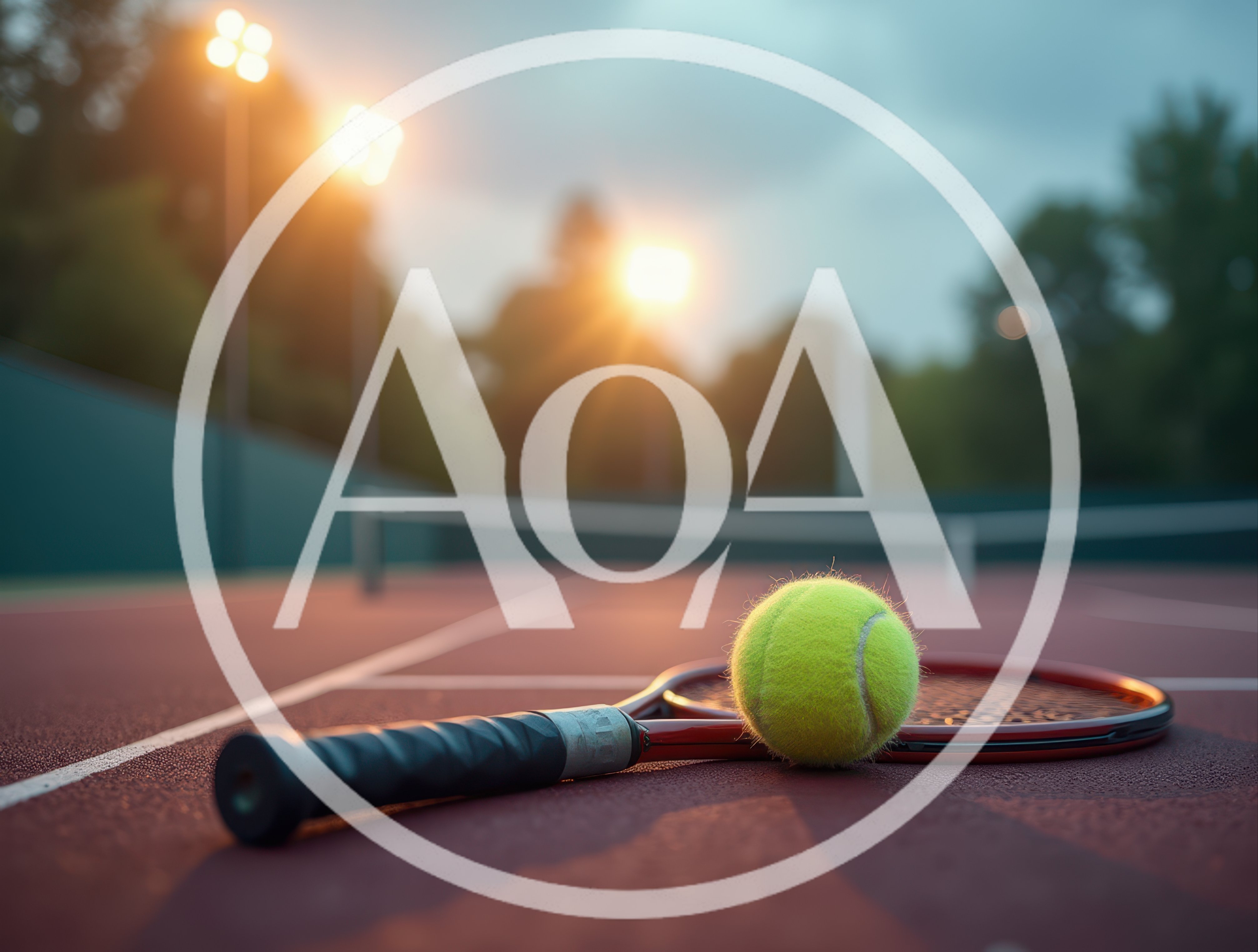 Tennis Racket and Ball on Court at Sunset