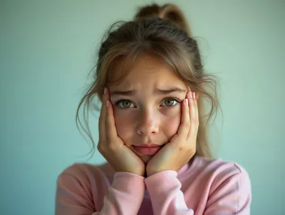 Portrait Of A Sad Young Girl Holding Her Face